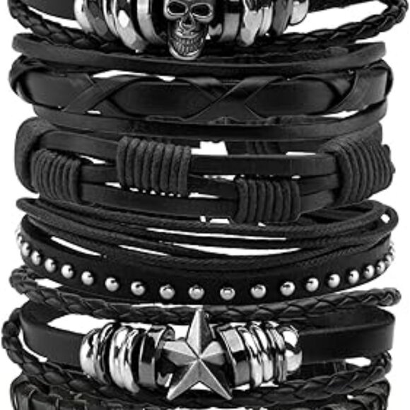 6 Punk Leather Bracelets for Women Men Braided Wristband Skull Skeleton - Picture 1 of 3